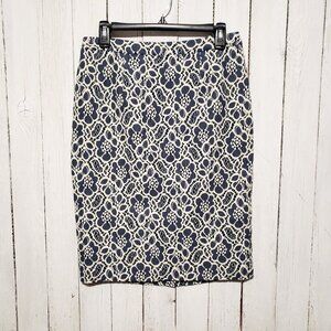 Halogen 8 Pencil Skirt Blue Cream Floral Lace Boho Career Cottage Academia Retro